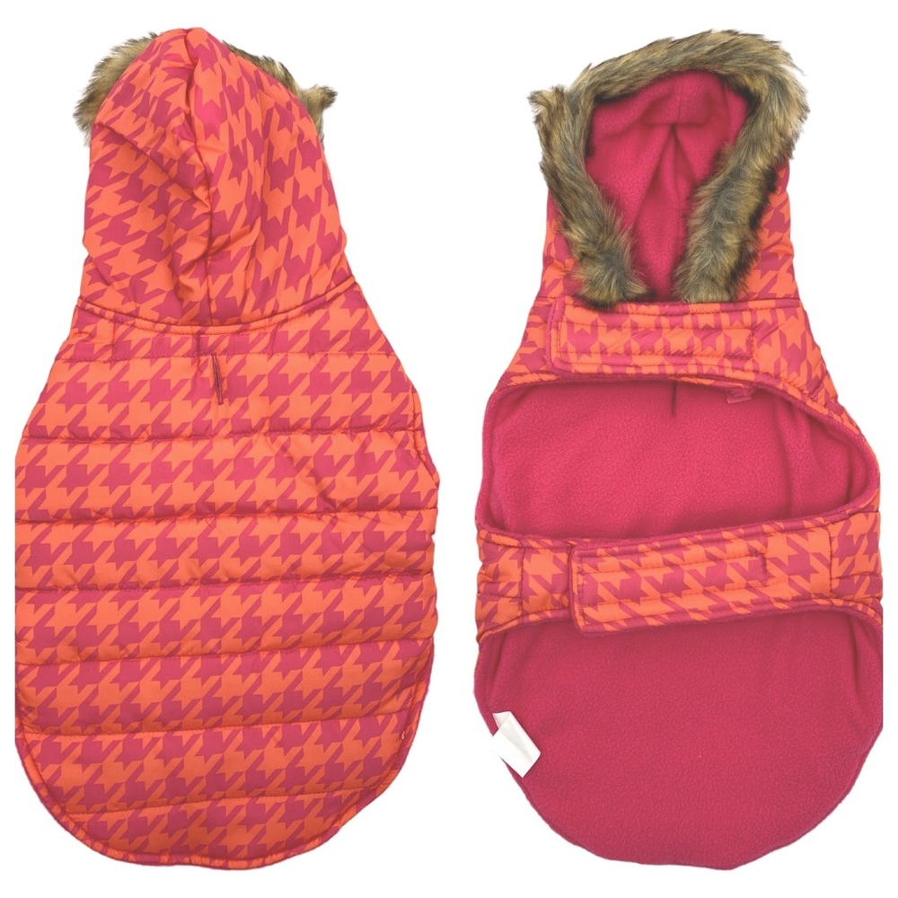 ISAAC MIZRAHI LIVE! | Fur-Hooded Puffer Coat in Pink Orange Houndstooth, medium